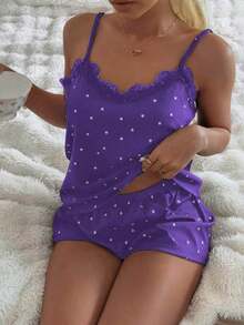 CottageSlumber Women's Knit Ribbed Heart Print Contrast Lace Trim Romantic Sweet Cute Sexy Camisole & Shorts Pajama Set - Violet Purple - View 5