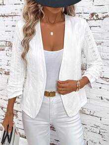SHEIN Clasi Women's Elegant Open Front Pleated Long Sleeve Versatile Black Jacket - White - View 3