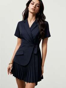 Modelyn Women's Solid Color Elegant Intellectual Commuting Patchwork Short Sleeve Blazer Vest Pleated Layered Mini Dress, Spring/Summer - Navy Blue - View 7