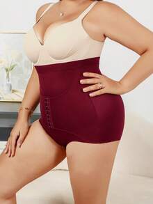 SHEIN Pantalones moldeadores con control de abdomen doble y botones delanteros para mujer talla grande - Burdeos - Ver 4