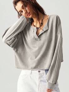 Bohemela 休閒純色針織V領長袖寬鬆女款運動衫 - 卡其色 - 查看 4