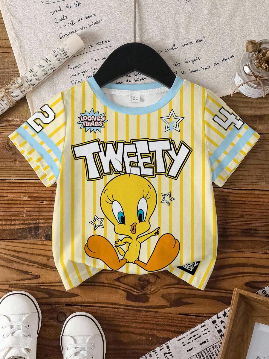 LOONEY TUNES X SHEIN 女童條紋圓領短袖休閒T恤 - 白色 - 查看 1