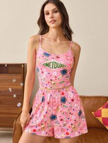 HARRY POTTER X SHEIN Damen Buchstaben Cartoon Muster Cami Top und Shorts Lässig Alltag Haus Schlafanzug Set - Pink - Übersicht 3