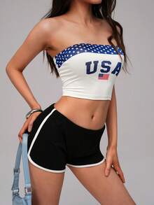 Nooralise Sexy Streetwear Y2K Hot Girl Sporty Colorblock Star Letter Print Bandeau Top Everyday Travel Day Party Blue And White Striped Summer - Multicolor - View 8