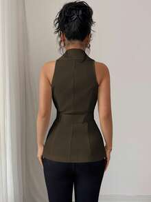 Selianne Women's Spring/Summer French Style Elegant Business Casual Sexy Commute Teachers' Day Lapel Collar Button Waist Belt Blouse Office Work Olive Green - Brown - View 2