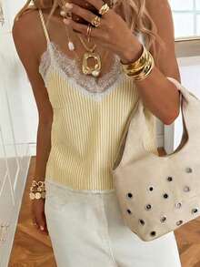 SHEIN EZwear 黄色条纹衬衫，优雅女士衬衫，女士优雅纯色蕾丝拼接吊带背心，夏季上衣，适合日常通勤、约会、派对、秋冬夏、圣诞节、新年、感恩节、聚会、婚礼、海滩、毕业典礼、时尚、优雅、休闲、外出、约会、预订、通勤、闪亮、情人节、优雅、度假、休闲、Y2K、外出、毕业典礼等场合。 - 彩色 - 查看 6