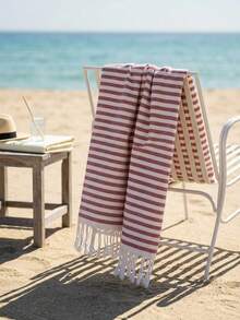 Cirelle 1pc Turkish Polyester Beach Towel - Oversized Striped Sand Free Beach Towel With Fringes, Quick Dry Lightweight Bath Towel Travel Blanket For Pool, Gym, Camping (100*180cm) - Multicolor - View 4