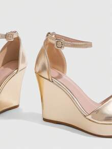 CUCCOO SZL Womens Gold Metallic Platform Wedges With Ankle Strap Open Toe Sandals - Gold 1 - View 5