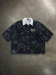 Manfinity ZONE917 寬鬆方正版黑色暗紋黑玫瑰哥德龐克滿版印花短袖襯衫，適合春夏穿著 - 彩色 - 查看 1