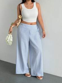 Sunnyshic Plus Size Women's Striped Casual Versatile Daily Wear Wide Leg Pants Fall - Blue and White - View 5