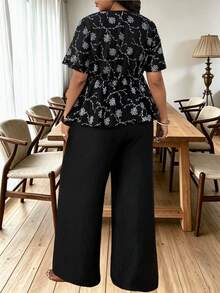Ceyna Plus Size Women's Black And White Summer Boho Elegant Vacation Holiday French Style Short Sleeve Hollow-Out Shirt & Pallazo Pants 2 Pieces Set - Black - View 2