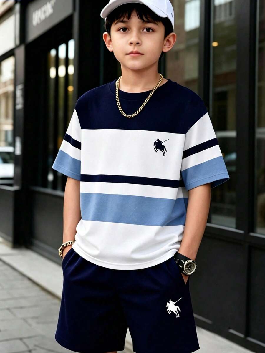 2件組男孩休閒拼接配色圓領T恤套裝,舒適時尚,適合日常通勤、上學與運動 - 藍色 - 查看 1