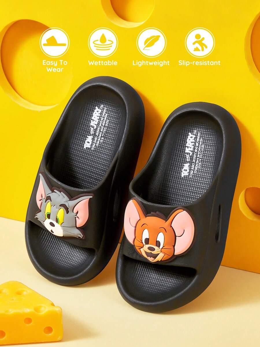 TOM & JERRY X SHEIN 可愛卡通圖案兒童EVA拖鞋,適合幼兒與兒童,可於室內、淋浴或戶外使用,輕便舒適 - 黑色 - 查看 1