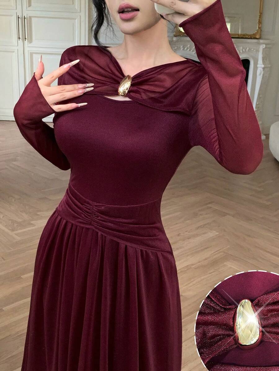 Modelyn Elegant Women's Banquet Dress With Design-Driven Solid Color Mesh, Metal Buckle Decoration, Pleated Slimming Long Sleeve And Flared Hem - Burgundy - View 1