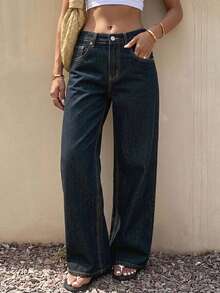 Dazy-Less Women Solid Color Straight Leg Jeans Old Money Old Money Style Business Casual Woman - Dark Wash - View 12