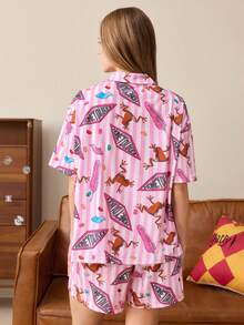 HARRY POTTER X SHEIN Women's Frog Pattern Short Sleeve Single-Breasted Top And Shorts Pajama Set - Pink - View 2