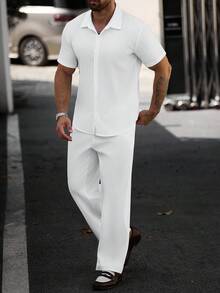 Manfinity CasualCool 男士純色單排扣短袖襯衫與口袋長褲套裝 - 白色 - 查看 5