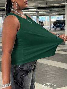 SHEIN CURVE+ 女款大尺碼休閒基礎修身白色圓領露肩背心，舒適面料適合夏季 - 墨綠色 - 查看 5