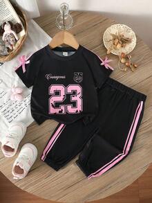 SHEIN 2件組粉色條紋女嬰春季套裝，可愛夏季度假運動休閒穿搭 - 黑色 - 查看 3