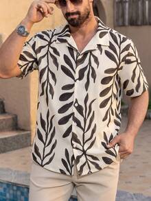 Manfinity Dauomo Men's Vacation Floral Print Short Sleeve Single-Breasted Shirt Holiday Vacation Black And White Leopard Print Summer Tropical - Apricot - View 1