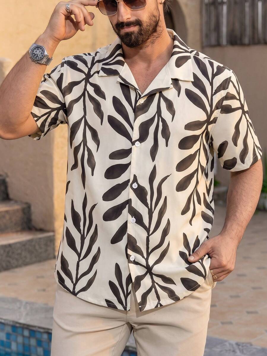 Manfinity Dauomo Men's Vacation Floral Print Short Sleeve Single-Breasted Shirt Holiday Vacation Black And White Leopard Print Summer Tropical - Apricot - View 1