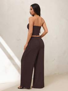SHEIN PETITE 2026春夏新款女裝－棕色露肩T恤與休閒長褲套裝，適合夏季穿著，適用於居家、外出、海邊旅行、時尚造型、休閒穿搭、通勤、度假、浪漫場合與日常穿著，搭配多樣化造型 - 棕色 - 查看 2