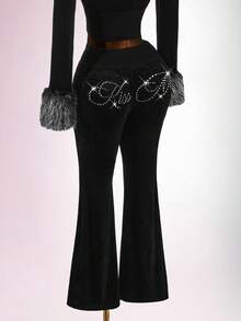 Amplova Women's Drawstring Waist Colorblock Casual Versatile Daily Flare Pants - Black - View 12