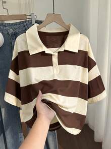 Comfortcana 大尺碼棕色與杏色條紋寬鬆短袖 Polo 領學院風 T 恤 - 棕色 - 查看 1