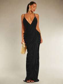 Silquee Women's Solid Color Sexy Spaghetti Strap Dress With Metal Back Decoration - Black - View 2