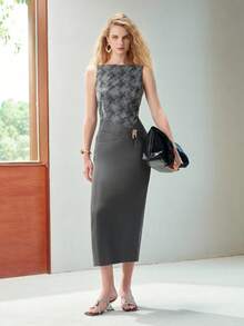 MOTF PREMIUM METAL DECOR SPLIT PATCHWORK DRESS - Grey - View 5