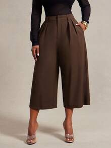 Radiana Plus Size Women's Minimalist Business Casual Fashion Brown Plus Size Wide Leg Capris Pants, Commuter Office Trousers Summer - Brown - View 1
