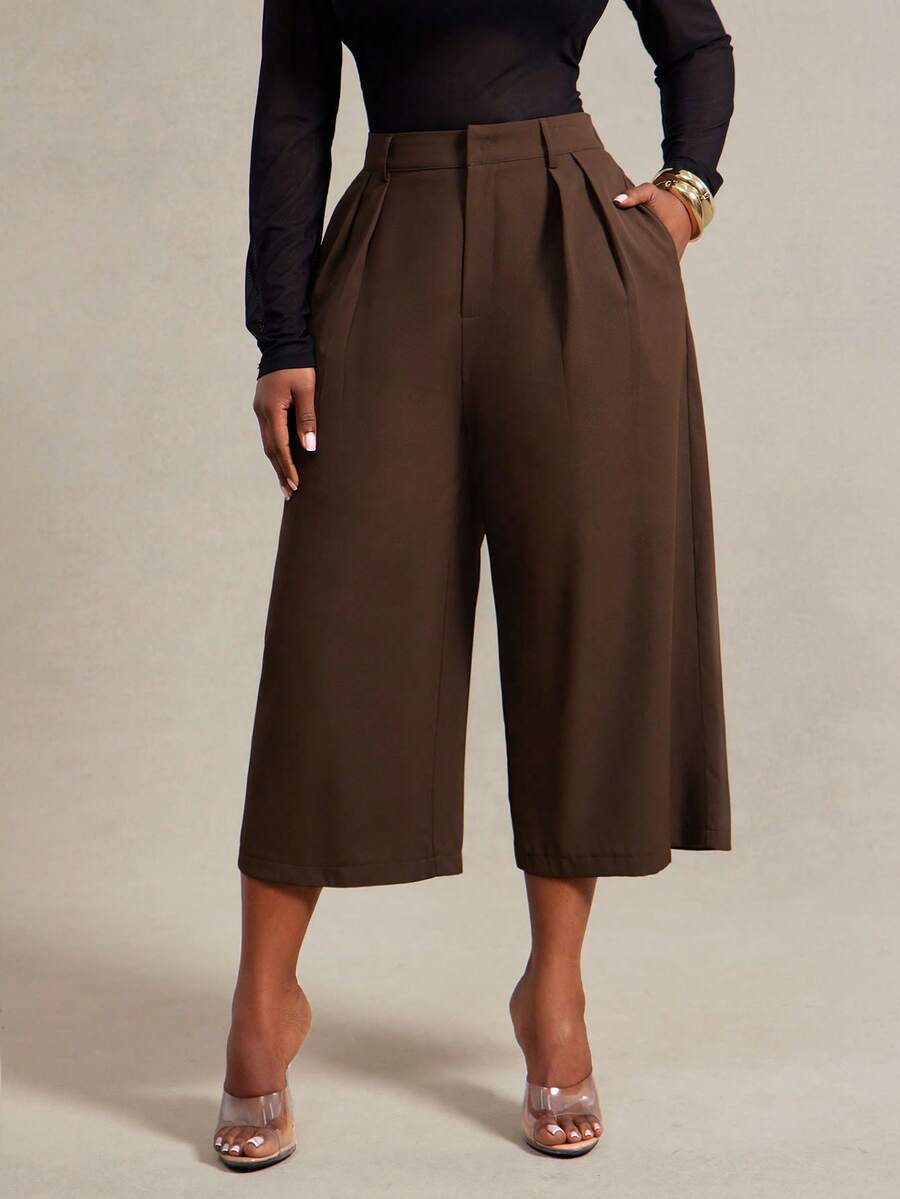 Radiana Plus Size Women's Minimalist Business Casual Fashion Brown Plus Size Wide Leg Capris Pants, Commuter Office Trousers Summer - Brown - View 1