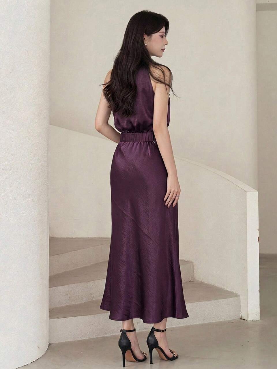 Summer Elegant Stand Collar Sleeveless Halter Neck Tie Waist Textured Mermaid Midi Dress Dark Purple Women Party