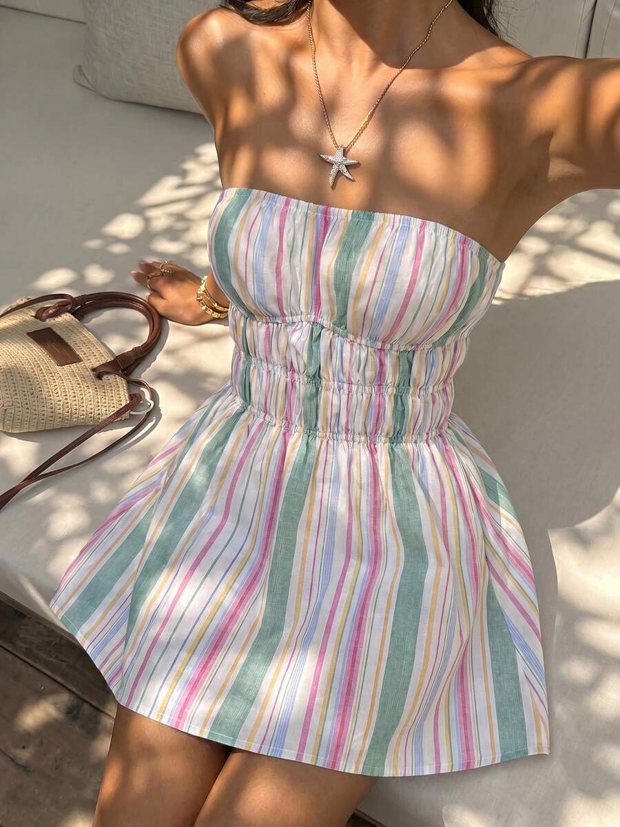 Sunnyshic Women's Spring/Summer Colorful Striped Traceable Cotton Bandeau Backless Ruched Waist A-Line Mini Dress, Elegant Versatile For Vacation, Beach, Countryside, Shopping, Dating, Casual, Commuting, Office - Multicolor - View 1