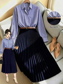 GlowEve CURVE Plus Size Long Sleeve Striped A-Line Dress With Collar, Button Front, Pleated Waist, Simple Elegant Style - Blue - View 1