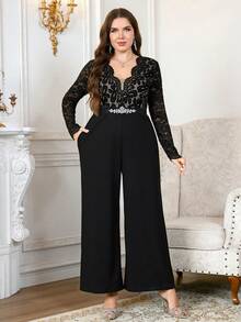 Reflora Mono de talla grande con patchwork de encaje y decoración de strass para otoño - Negro - Ver 8