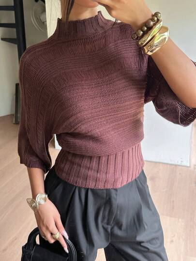 Aloruh Suéter casual de mujer con cuello alto, manga murciélago, diseño fruncido, parte superior holgada y Bottom ajustada, top de punto, color marrón rosa cacao