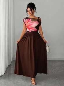 Elenzga Robe midi drapée style bohème pour femmes grandes tailles, col asymétrique, imprimé floral crème, printemps/été, tenue élégante pour vacances, plage, fête, jupe drapée ample parfaite pour la plage, photos de jardin, fête d'anniversaire ou dîner romantique - Marron - Voir 5