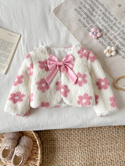 Souflis Baby Plush Cardigan Jacket, Pink Floral Bow Sweet Design