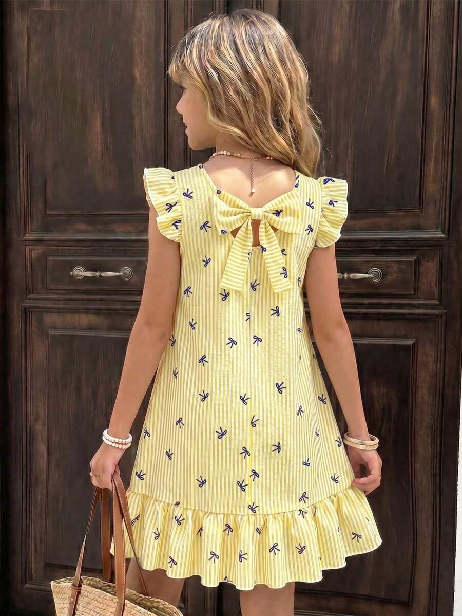 SHEIN Sparklyn Tween女孩春夏度假海灘熱帶風3D蝴蝶結圓領無袖荷葉飄逸袖甜美春季風中長洋裝 - 黃色 - 查看 1