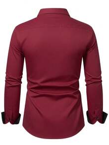 Manfinity Mode Camisa formal de manga larga con botones delanteros y bolsillo de color contrastante, para hombre, de uso casual diario, para otoño - Burdeos - Ver 2