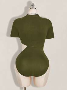 SHEIN ICON 女款大尺碼純色鏤空休閒百搭日常穿著連身衣 - 軍綠色 - 查看 2