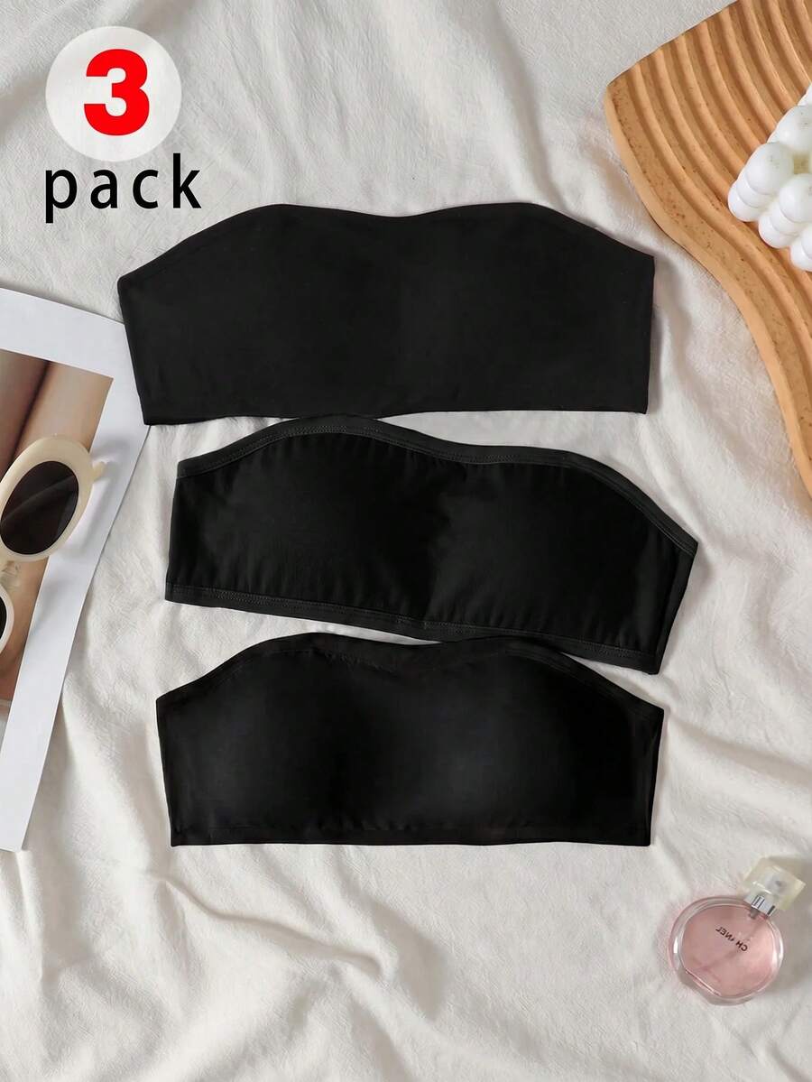 SHEIN Kids Tween Girl Casual Puberty Girls Base Layer Innerwear, Black White Gray Fashion Simple Comfortable Strapless Ribbed Tube Top 3pcs Set - Black - View 1