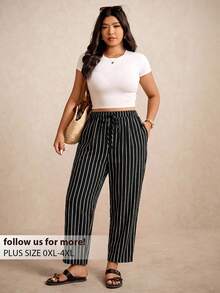 Elaquor Plus Size Casual Striped Colorblock Drawstring Waist Pocket Long Pants Fall - Black - View 7