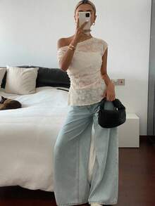 DAZY Women's Elegant Lace Asymmetric Ruched Asymmetrical Shoulder Blouse, Summer - Beige - View 13