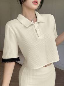 Modelyn Korean Style Lace Patchwork Polo Collar Textured Summer Short Sleeve Elegant Casual Versatile Women's Cropped Shirt Formal Party Black And White - Multicolor - View 3