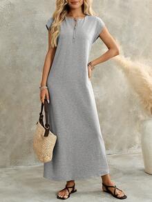 EMERY ROSE Women's Zipper Casual Solid Color Loose Fit Short Sleeve Long Dress, Summer Everyday Light Grey Birthday Going Out Vacation Outfits - Grey - View 4