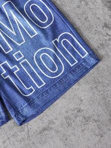 Conjunto de 2 piezas para niños grandes, camiseta azul y pantalones cortos, estampado de letras grandes y patrón de denim falso, camiseta de manga corta con cuello redondo y pantalones cortos, adecuado para uso casual diario en primavera/verano, tela cómoda, ajuste de moda, nuevo estilo de primavera/verano, adecuado para múltiples estaciones y ocasiones - Azul - Ver 4