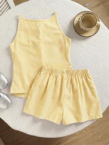 SHEIN Setelan 2 Potong Atasan Tank Top dan Celana Pendek Bergaris Biru dan Putih untuk Anak Perempuan Remaja - Kuning - View 2