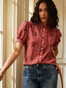 Écloséra Summer Dressing, Festival Dressing, Check Print Shirt, Holiday Dressing, Casual Shirt, Commuting Dressing, Ruffled Shirt, Outing Dressing, Red Shirt - Redwood - View 4